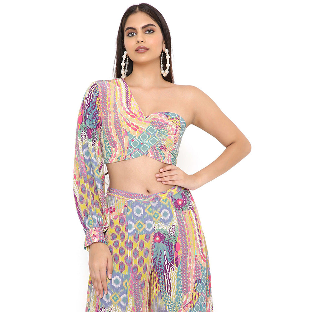 PS Pret by Payal Singhal Lime African Print Crepe One Shoulder Top with Palazzo (Set of 2)