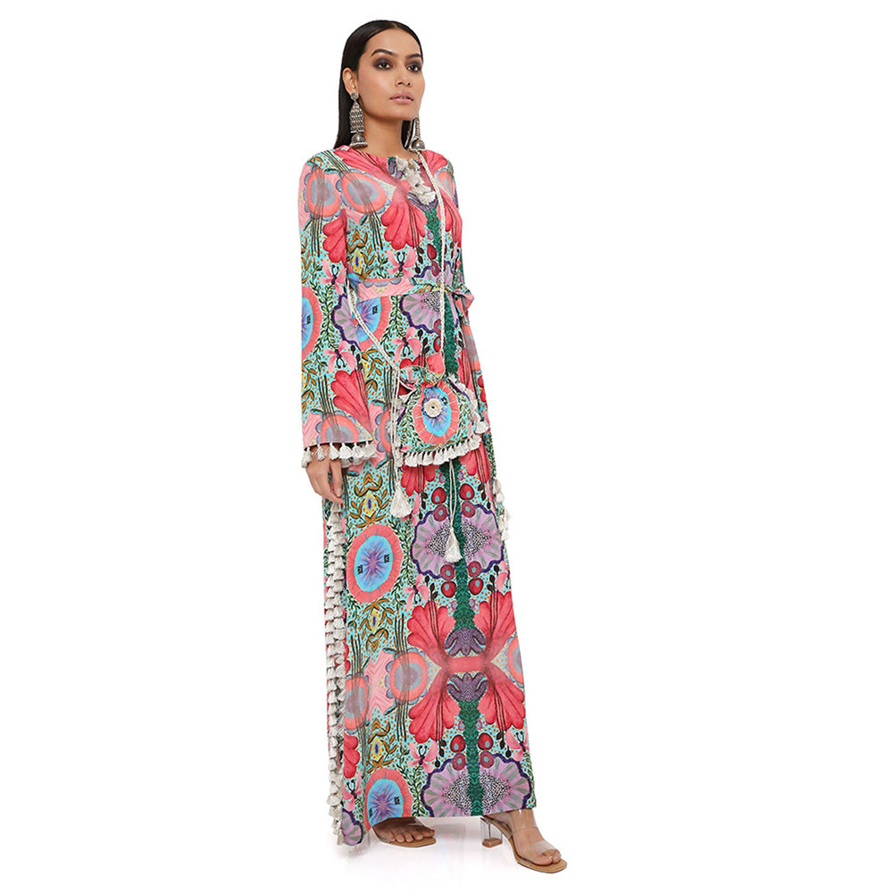 PS Pret by Payal Singhal Pink Enchanted Print Crepe Long Beyza Kaftan with a Belt (Set of 2)