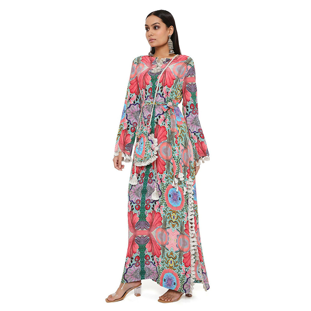 PS Pret by Payal Singhal Pink Enchanted Print Crepe Long Beyza Kaftan with a Belt (Set of 2)