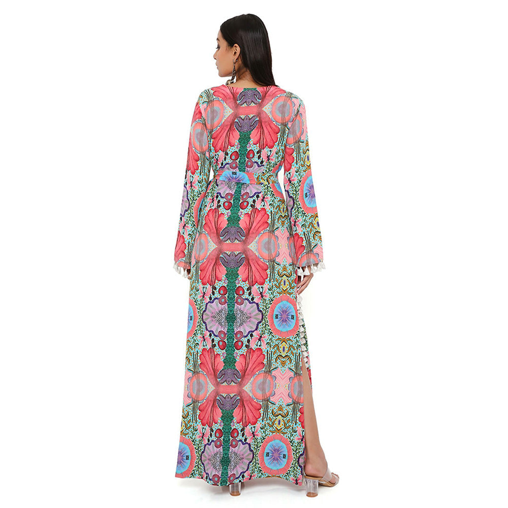PS Pret by Payal Singhal Pink Enchanted Print Crepe Long Beyza Kaftan with a Belt (Set of 2)
