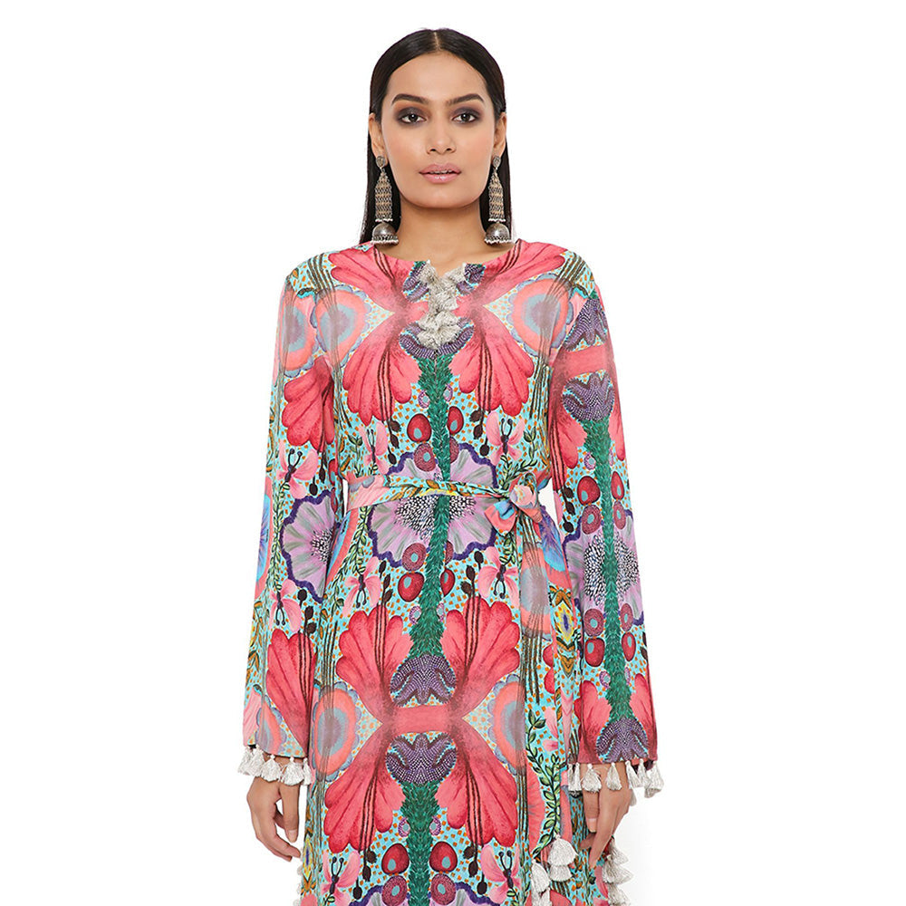 PS Pret by Payal Singhal Pink Enchanted Print Crepe Long Beyza Kaftan with a Belt (Set of 2)