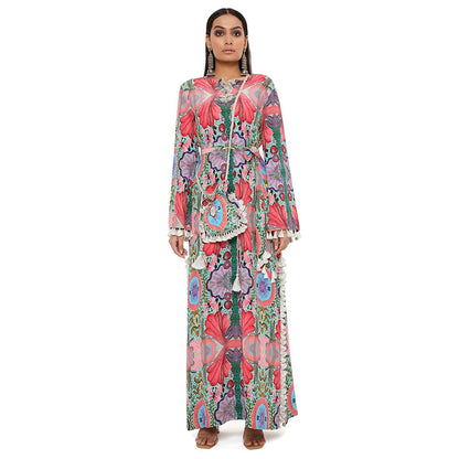 PS Pret by Payal Singhal Pink Enchanted Print Crepe Long Beyza Kaftan with a Belt (Set of 2)