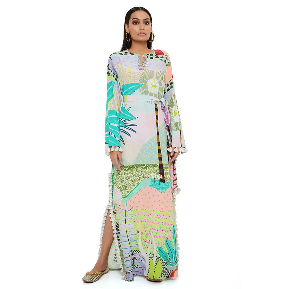 PS Pret by Payal Singhal Tropical Print Crepe Long Beyza Kaftan with a Belt (Set of 2)