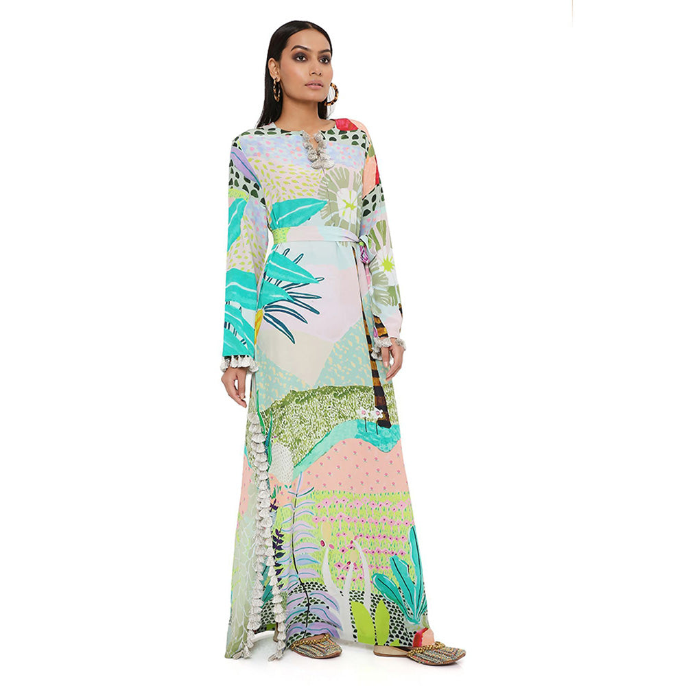 PS Pret by Payal Singhal Tropical Print Crepe Long Beyza Kaftan with a Belt (Set of 2)