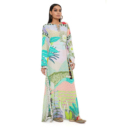 PS Pret by Payal Singhal Tropical Print Crepe Long Beyza Kaftan with a Belt (Set of 2)
