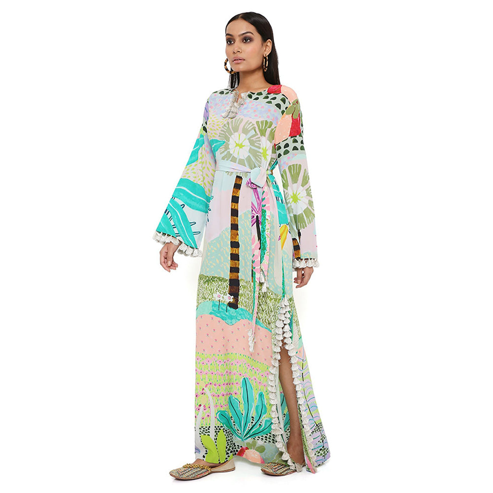 PS Pret by Payal Singhal Tropical Print Crepe Long Beyza Kaftan with a Belt (Set of 2)