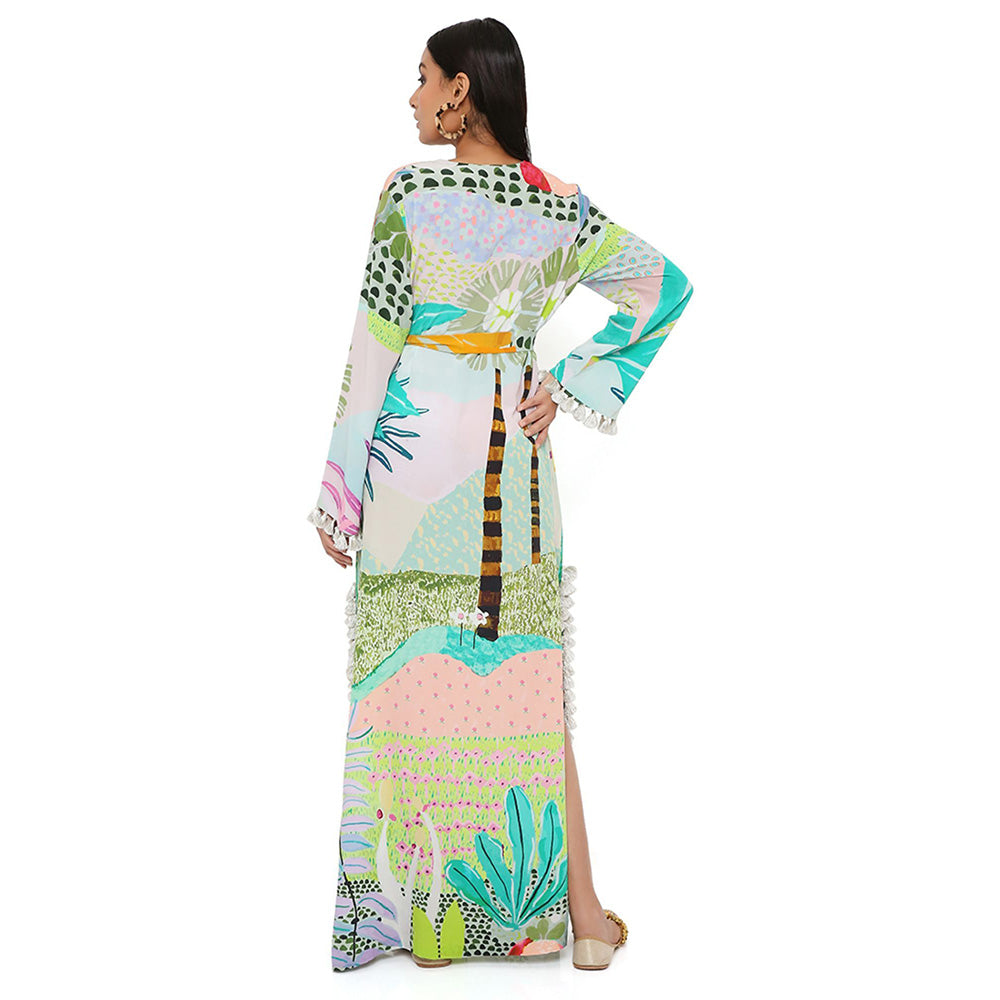 PS Pret by Payal Singhal Tropical Print Crepe Long Beyza Kaftan with a Belt (Set of 2)
