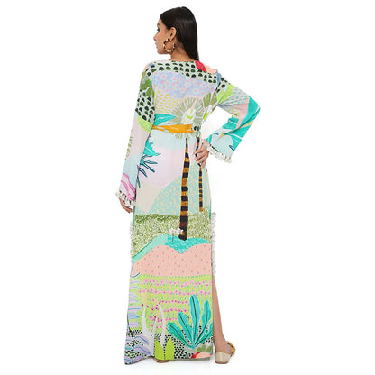 PS Pret by Payal Singhal Tropical Print Crepe Long Beyza Kaftan with a Belt (Set of 2)