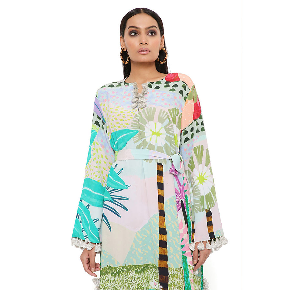 PS Pret by Payal Singhal Tropical Print Crepe Long Beyza Kaftan with a Belt (Set of 2)