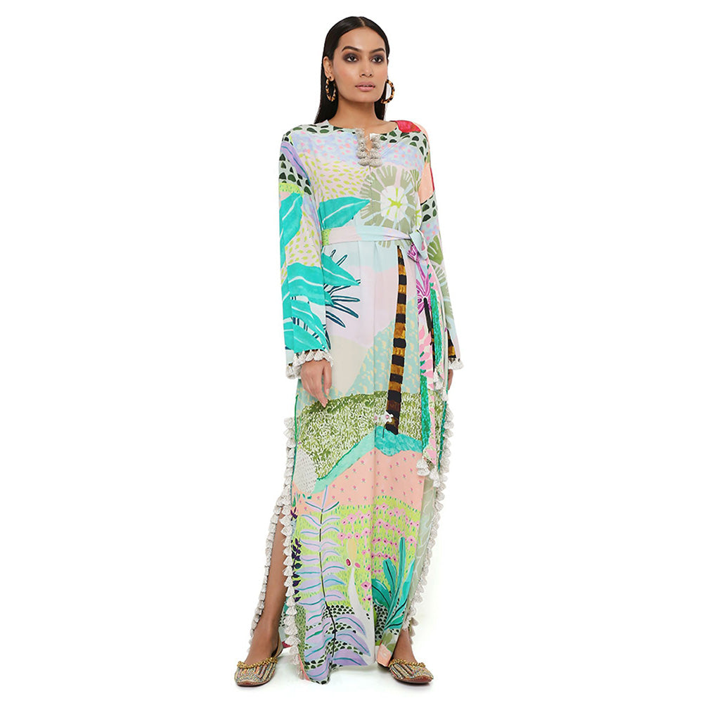 PS Pret by Payal Singhal Tropical Print Crepe Long Beyza Kaftan with a Belt (Set of 2)