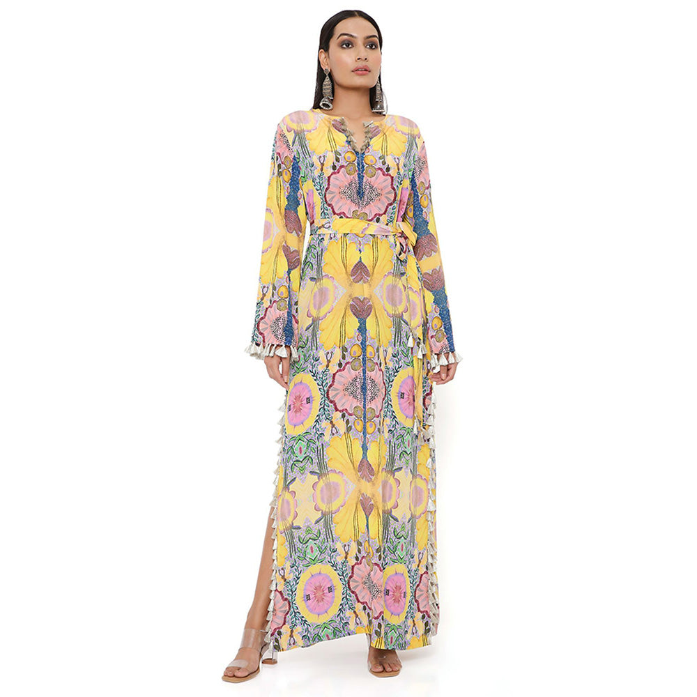 PS Pret by Payal Singhal Yellow Enchanted Print Crepe Long Beyza Kaftan with Belt (Set of 2)