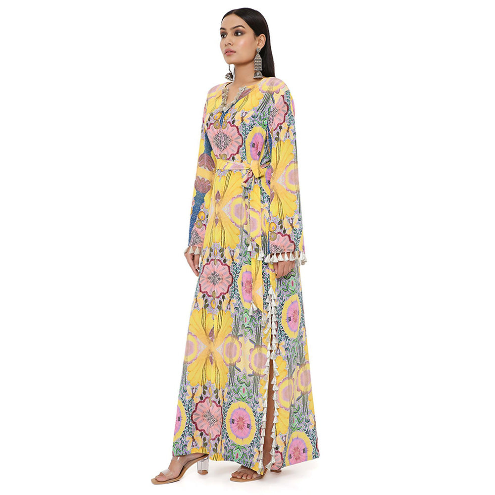 PS Pret by Payal Singhal Yellow Enchanted Print Crepe Long Beyza Kaftan with Belt (Set of 2)