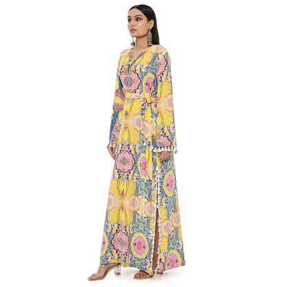 PS Pret by Payal Singhal Yellow Enchanted Print Crepe Long Beyza Kaftan with Belt (Set of 2)