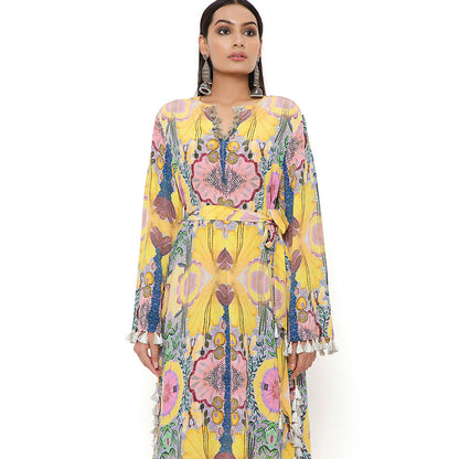 PS Pret by Payal Singhal Yellow Enchanted Print Crepe Long Beyza Kaftan with Belt (Set of 2)