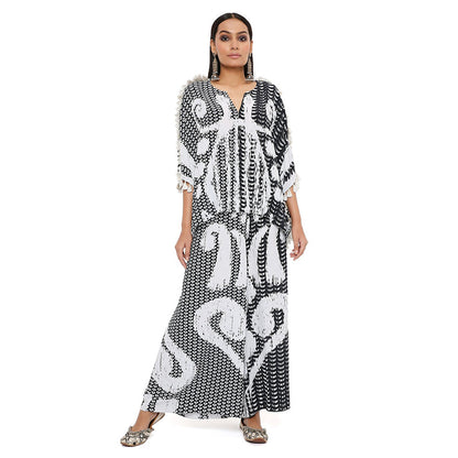 PS Pret by Payal Singhal Black and White Uzbek Print Crepe Kaftan with Palazzo (Set of 2)