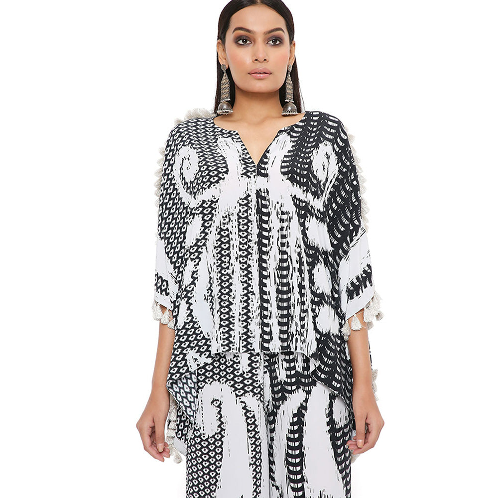 PS Pret by Payal Singhal Black and White Uzbek Print Crepe Kaftan with Palazzo (Set of 2)