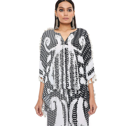 PS Pret by Payal Singhal Black and White Uzbek Print Crepe Kaftan with Palazzo (Set of 2)