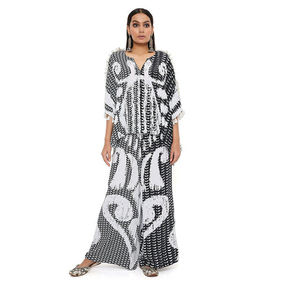 PS Pret by Payal Singhal Black and White Uzbek Print Crepe Kaftan with Palazzo (Set of 2)