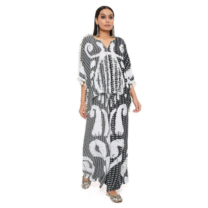 PS Pret by Payal Singhal Black and White Uzbek Print Crepe Kaftan with Palazzo (Set of 2)