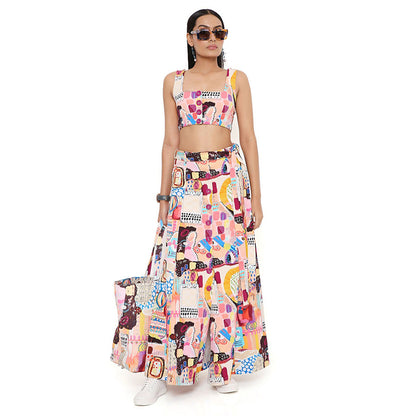 PS Pret by Payal Singhal Trance Print Denim Top and Skirt with a Belt (Set of 3)