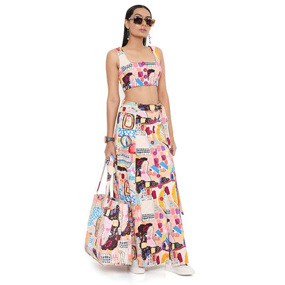 PS Pret by Payal Singhal Trance Print Denim Top and Skirt with a Belt (Set of 3)