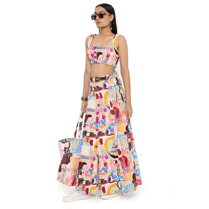 PS Pret by Payal Singhal Trance Print Denim Top and Skirt with a Belt (Set of 3)