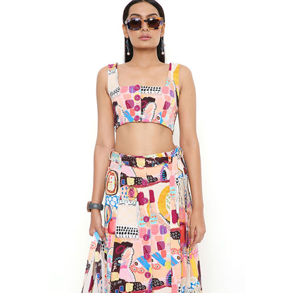 PS Pret by Payal Singhal Trance Print Denim Top and Skirt with a Belt (Set of 3)