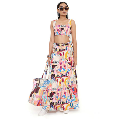 PS Pret by Payal Singhal Trance Print Denim Top and Skirt with a Belt (Set of 3)