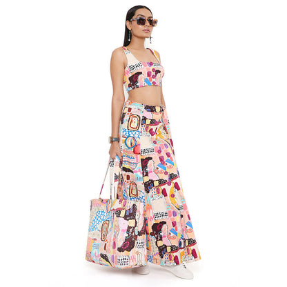 PS Pret by Payal Singhal Trance Print Denim Top and Skirt with a Belt (Set of 3)
