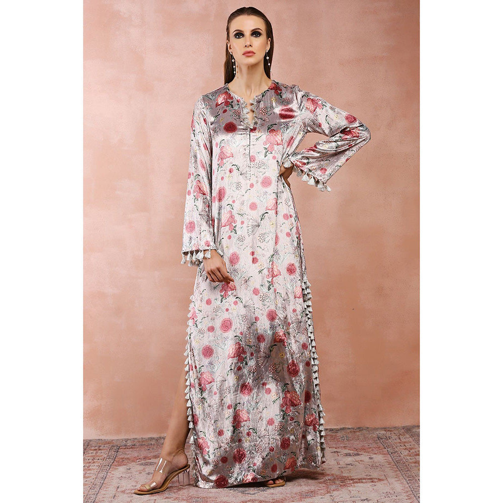 PS Pret by Payal Singhal White Gulbagh Print Velvet Maxi Dress with Belt (Set of 2)