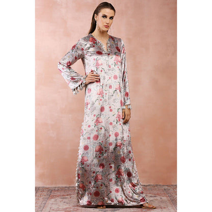 PS Pret by Payal Singhal White Gulbagh Print Velvet Maxi Dress with Belt (Set of 2)