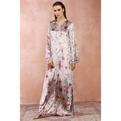 PS Pret by Payal Singhal White Gulbagh Print Velvet Maxi Dress with Belt (Set of 2)