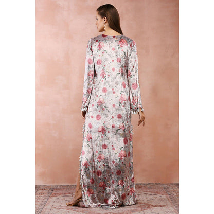 PS Pret by Payal Singhal White Gulbagh Print Velvet Maxi Dress with Belt (Set of 2)