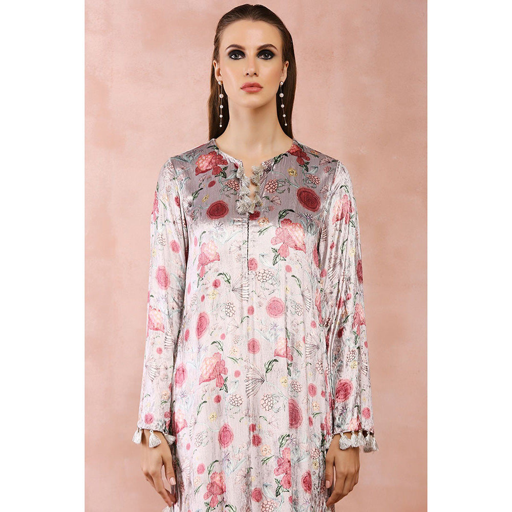 PS Pret by Payal Singhal White Gulbagh Print Velvet Maxi Dress with Belt (Set of 2)