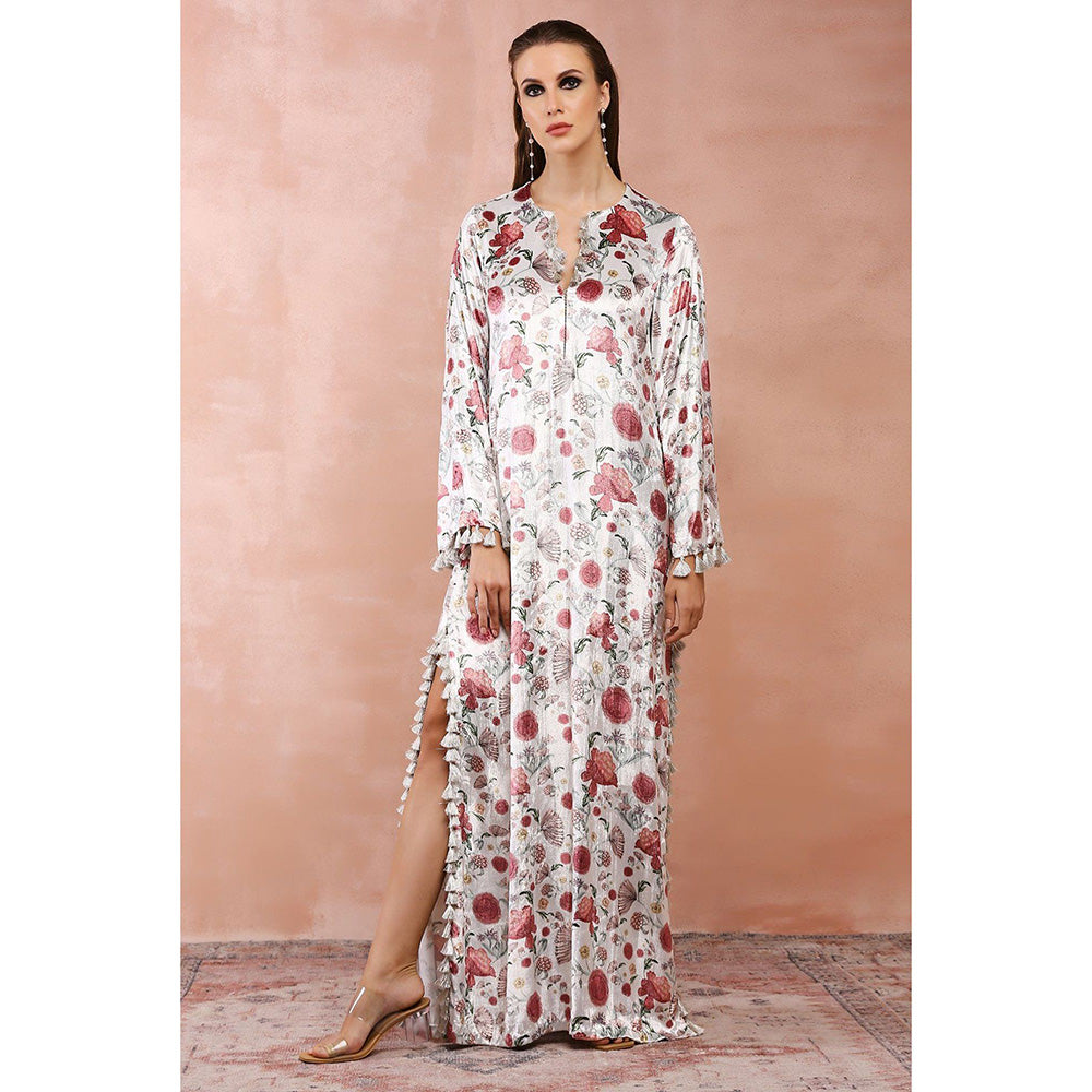 PS Pret by Payal Singhal White Gulbagh Print Velvet Maxi Dress with Belt (Set of 2)