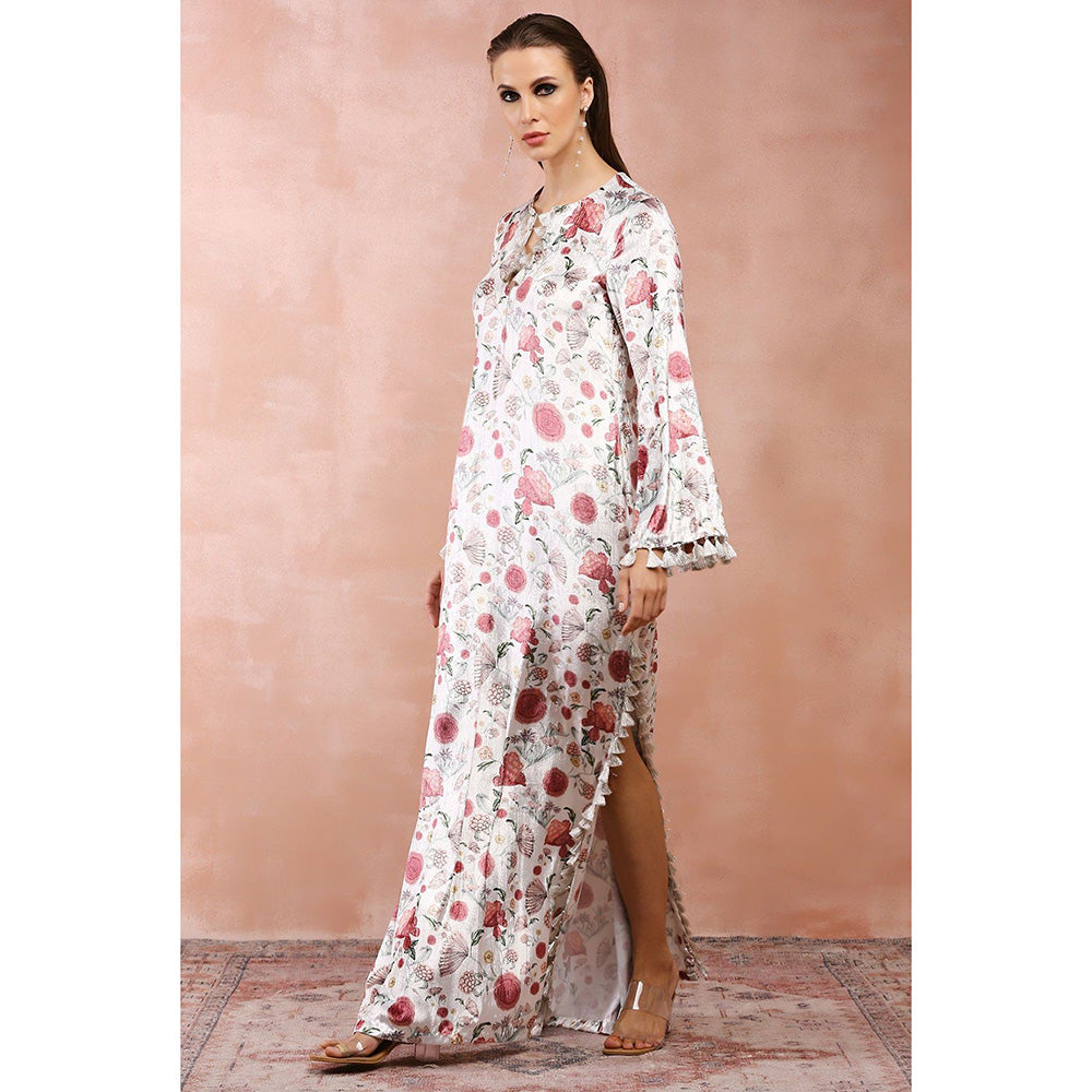 PS Pret by Payal Singhal White Gulbagh Print Velvet Maxi Dress with Belt (Set of 2)