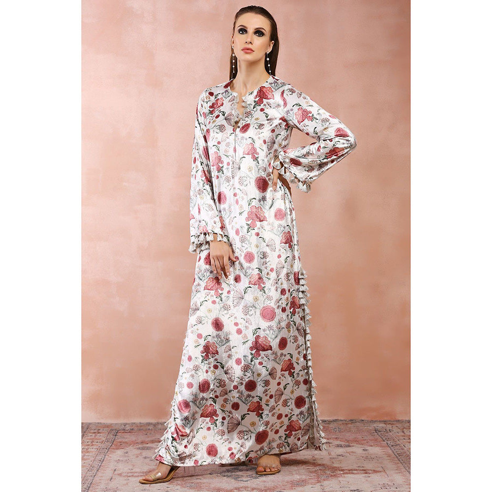 PS Pret by Payal Singhal White Gulbagh Print Velvet Maxi Dress with Belt (Set of 2)