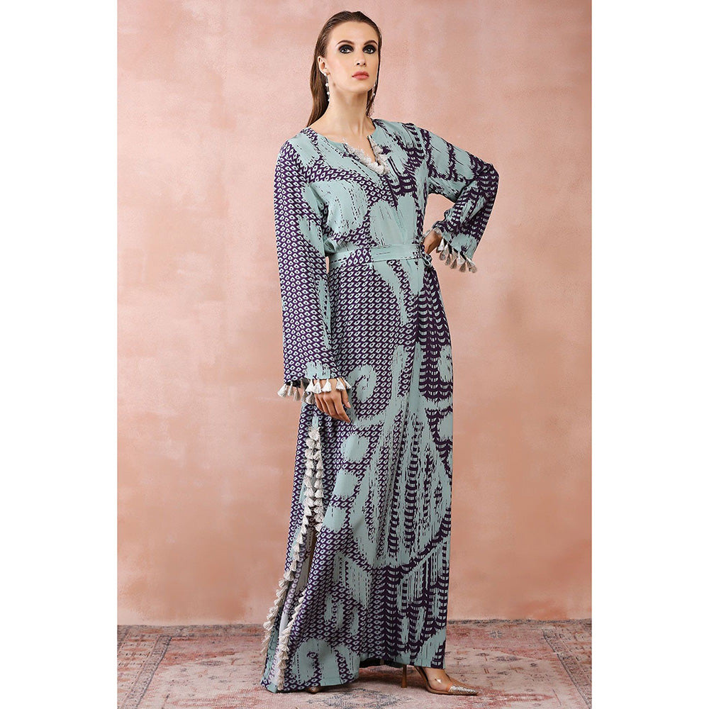 PS Pret by Payal Singhal Aqua & Purple Uzbek Print Maxi Dress with Belt (Set of 2)