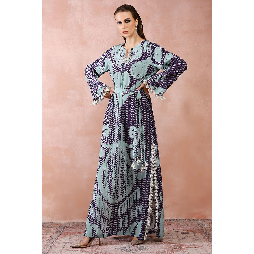 PS Pret by Payal Singhal Aqua & Purple Uzbek Print Maxi Dress with Belt (Set of 2)