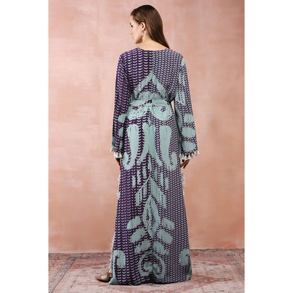PS Pret by Payal Singhal Aqua & Purple Uzbek Print Maxi Dress with Belt (Set of 2)