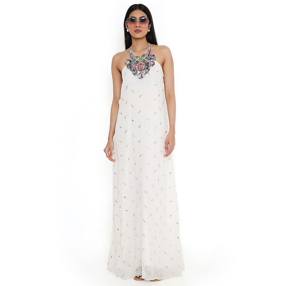 PS Pret by Payal Singhal Off White Mukaish Georgette Dress with Attached Necklace Yoke