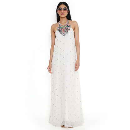 PS Pret by Payal Singhal Off White Mukaish Georgette Dress with Attached Necklace Yoke