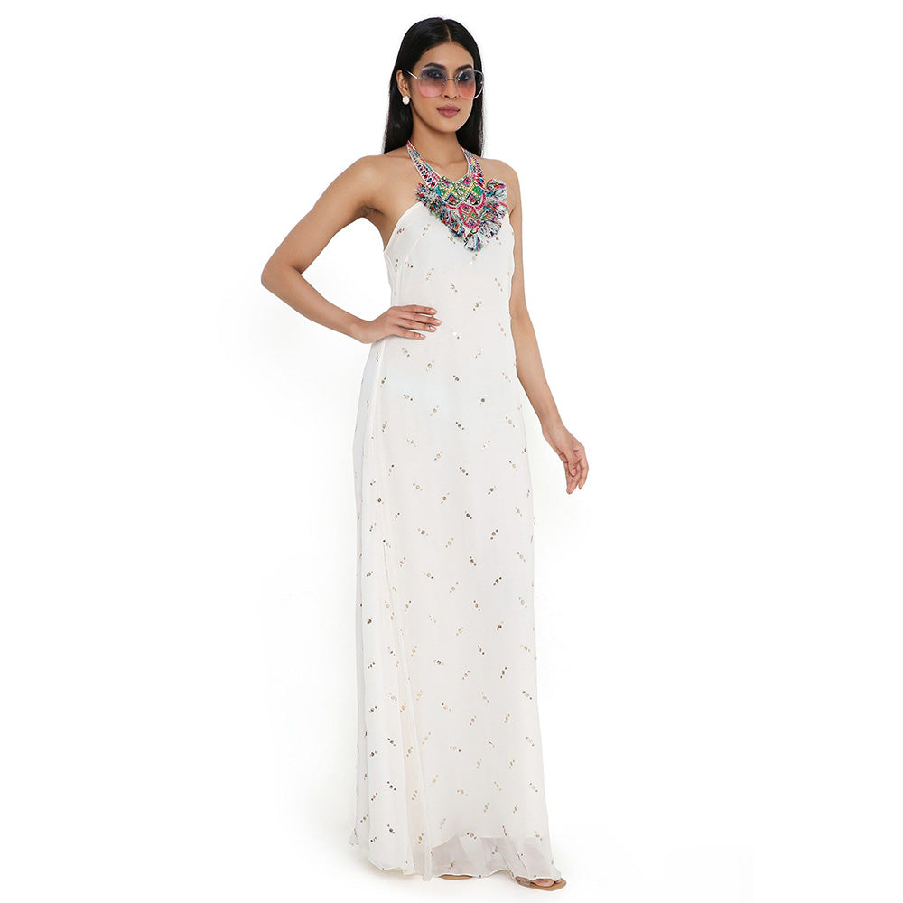 PS Pret by Payal Singhal Off White Mukaish Georgette Dress with Attached Necklace Yoke