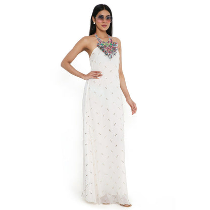 PS Pret by Payal Singhal Off White Mukaish Georgette Dress with Attached Necklace Yoke