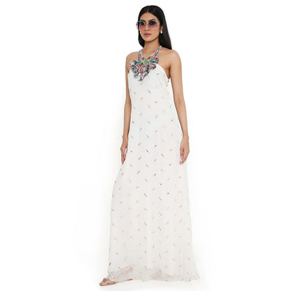 PS Pret by Payal Singhal Off White Mukaish Georgette Dress with Attached Necklace Yoke