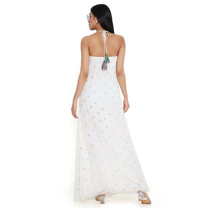 PS Pret by Payal Singhal Off White Mukaish Georgette Dress with Attached Necklace Yoke