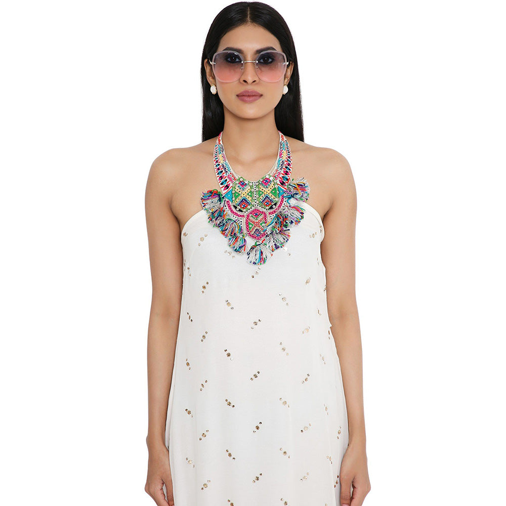 PS Pret by Payal Singhal Off White Mukaish Georgette Dress with Attached Necklace Yoke