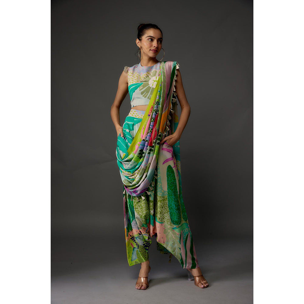 PS Pret by Payal Singhal Tropical Print Top With Crotch Pants Attached With Drape (Set of 2)