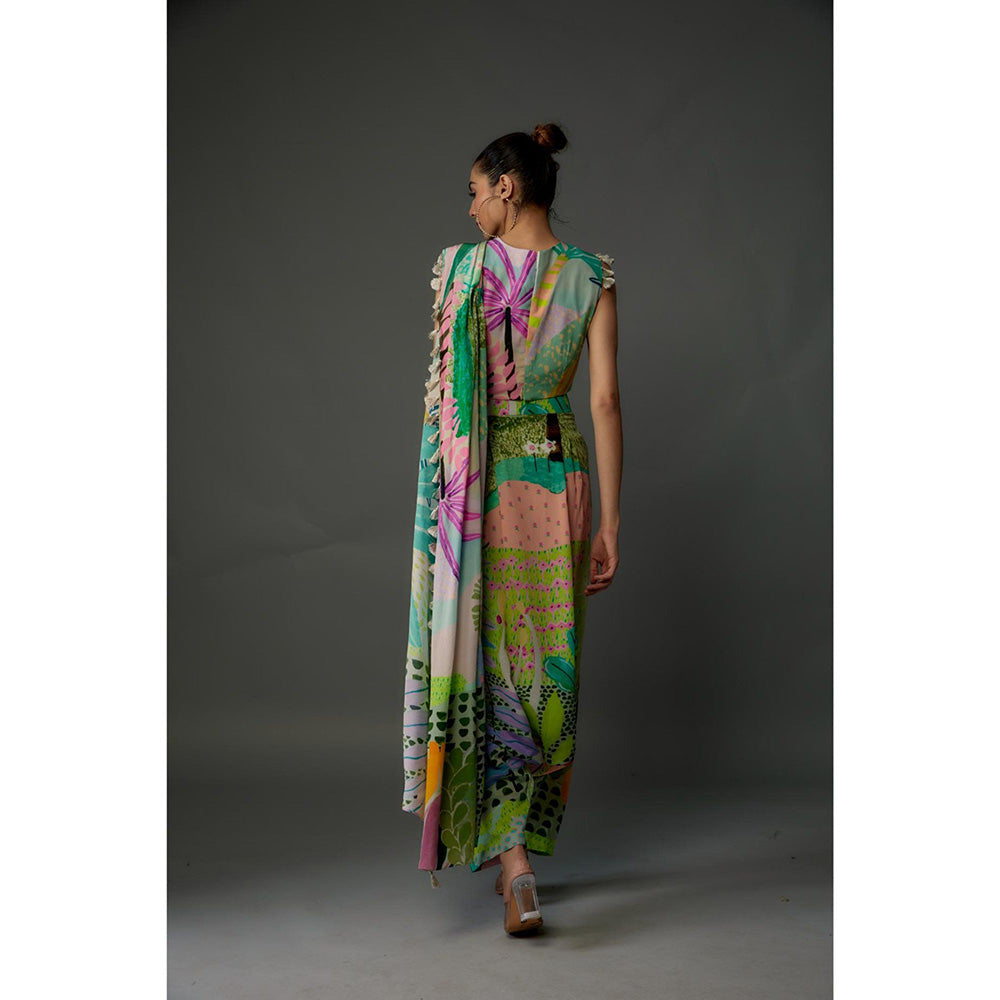 PS Pret by Payal Singhal Tropical Print Top With Crotch Pants Attached With Drape (Set of 2)