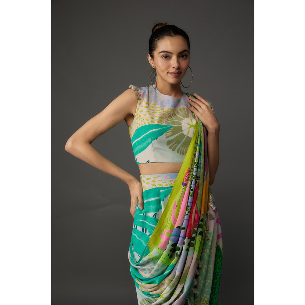 PS Pret by Payal Singhal Tropical Print Top With Crotch Pants Attached With Drape (Set of 2)